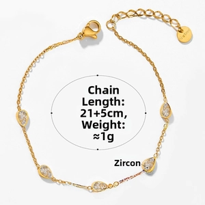 Detailed view of a gold-plated stainless steel chain with five teardrop-shaped zircons