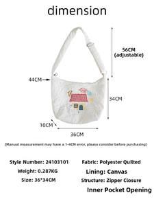 Quilted tote bag size chart showing dimensions of 36x34cm with adjustable 56cm strap