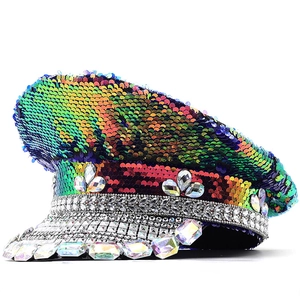 Captain Hat Colorful Sequin Rhinestone Festival Party Performance Disco Flat Top Polyester For Women
