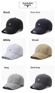 Detailed grid view showing baseball caps in six colors: black, navy, white, khaki, and gray