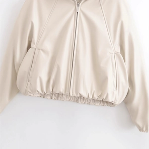 Classic cream white faux leather jacket with lapel collar and elastic hem for women