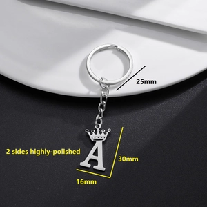 Polished stainless steel letter A keychain with crown ornament and 25mm ring diameter