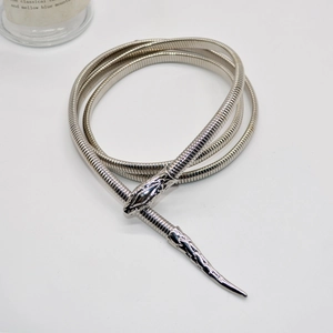 Macro shot of silver snake-shaped metal chain with detailed snake head and tail carvings