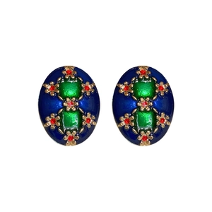 Vintage oval enamel flower stud earrings with dark blue base and gold floral accents