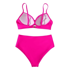 Flat lay view of neon pink high waisted bikini set with adjustable straps and removable pads