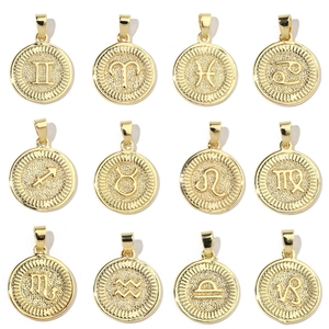 Zodiac Sign Pendants Round Coin Copper Gold Plated With Zircon Vintage Celestial Symbols Charms For Jewelry Making Women