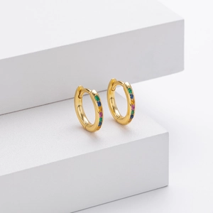 Detail of gold-plated silver hoops with micro-set multi-color cubic zirconia