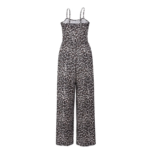 Close-up of leopard print fabric texture and backless design on wide-leg jumpsuit