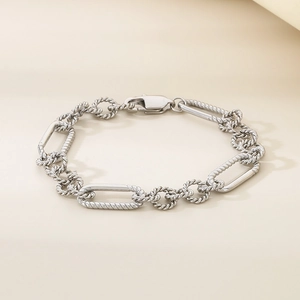 Silver stainless steel chain bracelet with alternating rope and smooth link design