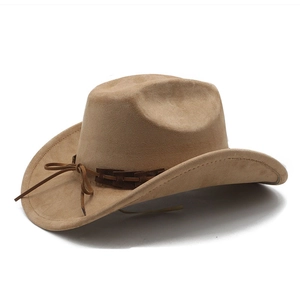 Detail of tan suede cowboy hat featuring a braided leather band and decorative bow tie