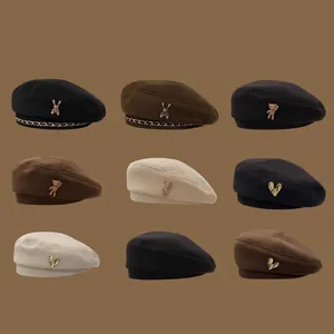Vintage British Style Woolen Beret For Women Korean Fashion Cartoon Rabbit Bear Heart Decoration Warm Winter Painter Hat