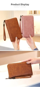 Detail of RFID long zip wallet with hand strap and multiple card slots in PU leather