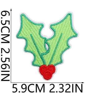 Detailed measurement of holly leaf and red berry Christmas embroidery patch, 6.5cm x 5.9cm