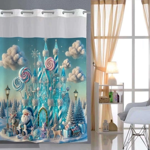 Detail view of winter wonderland print on shower curtain with metal grommet top