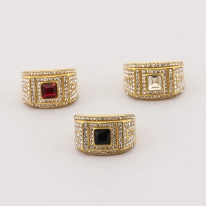 Men's hip hop gold stainless steel rings with square colorful gems and pave diamonds