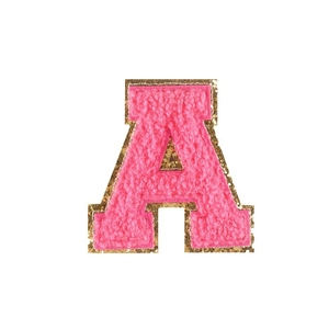 Pink chenille towel embroidered letter A patch with gold glitter border for apparel