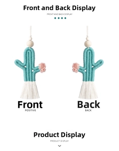 Detail of handmade green cactus keychain with pink pom-poms and white tassels
