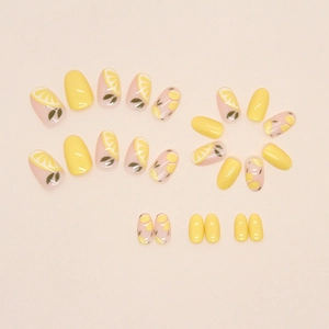 Fresh yellow lemon press-on nail set with hand-painted fruit designs and glossy finish