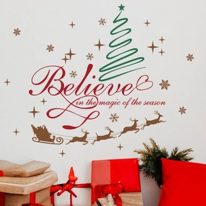 Christmas wall stickers with Believe text, green trees and reindeer for home wall decor