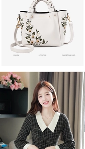 Close-up of white handbag featuring delicate floral embroidery and braided handles