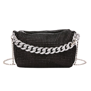 Fashionable black rhinestone evening clutch bag with sparkling silver Cuban chain strap