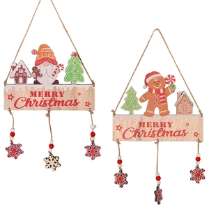 Detail view of wooden Merry Christmas hanging ornaments with gnomes and snowflakes