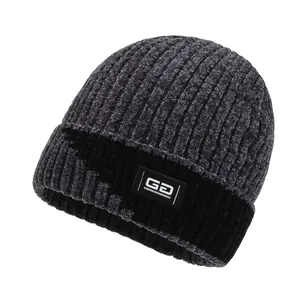 Men's winter knit beanie with thick fleece lining and GD patch in charcoal and black