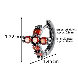 Geometric cross hoop earring with red zircon stones in dark metal, 1.22cm size