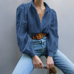 Women Eyelet Embroidery Blouse Shirt Hollow Out Long Puff Sleeve Button Down Casual Fashion Commute Elegant Top