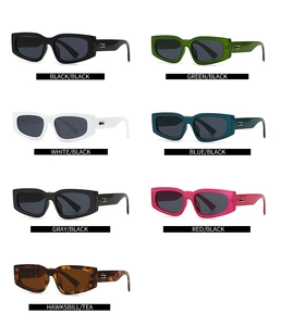Collection of seven colorful retro rectangular sunglasses with metallic hinge accents