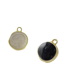Golden round enamel disc pendants with black and white inlay for DIY jewelry making