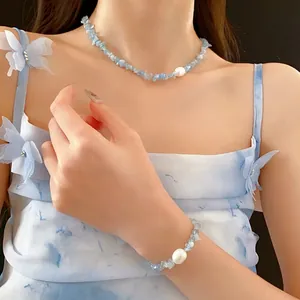 Fresh aquamarine and pearl jewelry set with necklace and bracelet for women