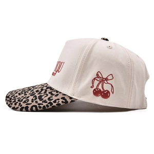 Retro baseball cap with leopard print brim, cherry embroidery, and I Love You text