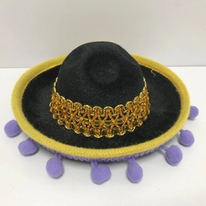 Mini Mexican party sombrero in black felt with yellow trim and purple pom-poms decor
