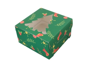 Detailed view of dark green Christmas cupcake box with tree-shaped window and festive patterns