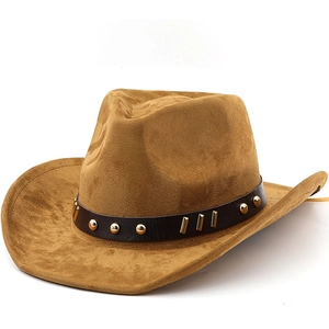 Vintage Western Cowboy Hat Faux Suede Rivet Leather Belt Wide Brim Outdoor Sun Protection Retro Jazz Fedora Men Women