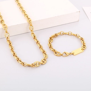 Polished gold pig nose anchor chain necklace and bracelet jewelry set on white background