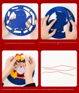 Step-by-step DIY Christmas wreath assembly showing felt Santa pieces and LED string lights