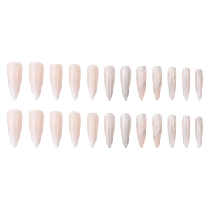 Long almond press-on nails in nude pink with silver glitter patterns and shimmer finish