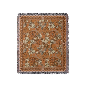 Retro RV outdoor decorative blanket with vintage floral patterns and fringe edges
