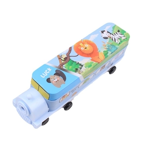 Boîte à papeterie train bleu pour enfants avec animaux et taille-crayon inclus