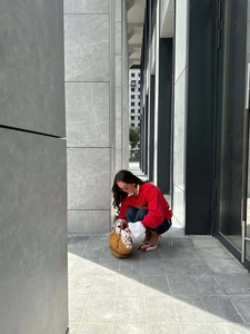 Street style view of a red half-zip sweatshirt with letter print and knitted handbag