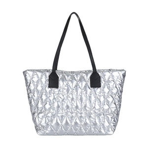 Minimalist silver quilted tote bag with large capacity and durable black shoulder straps