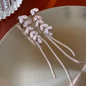 Silver drop earrings featuring marquise zircon leaf stud and elegant long snake chain tassels
