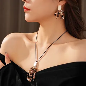 Bohemian natural stone beaded necklace and earring set with vintage ethnic luxury style
