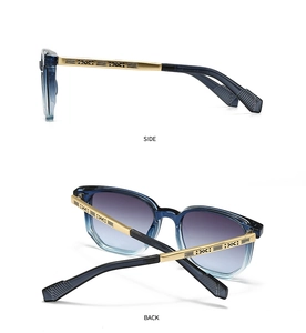 Side and back view of gradient blue pilot sunglasses with engraved gold metal temples