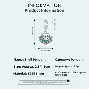 Détails du pendentif coquillage en argent S925 avec dimensions 2,3x1,3cm et poids net