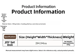 Size chart for 3pcs Christmas faceless gnome set showing dimensions 29x13x6cm and materials
