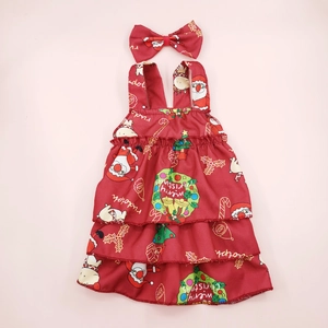 Detail of red floral Christmas puppy dress and matching bow headband on pink background