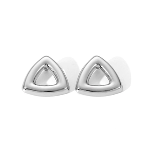 Macro view of minimalist hollow triangle stud earrings in polished stainless steel